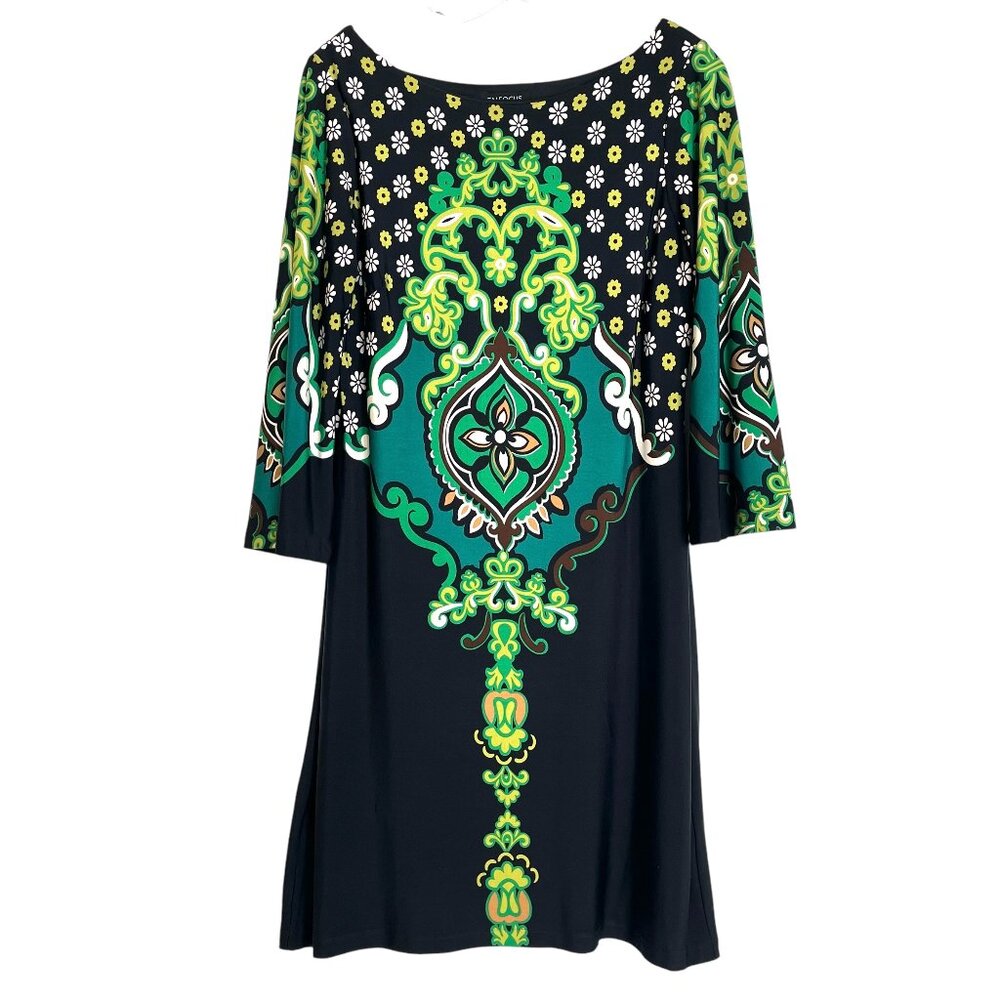Enfocus Studio Green/Black Medallion Print Bell Sleeve Boat Neck Knit Dress Sz 1